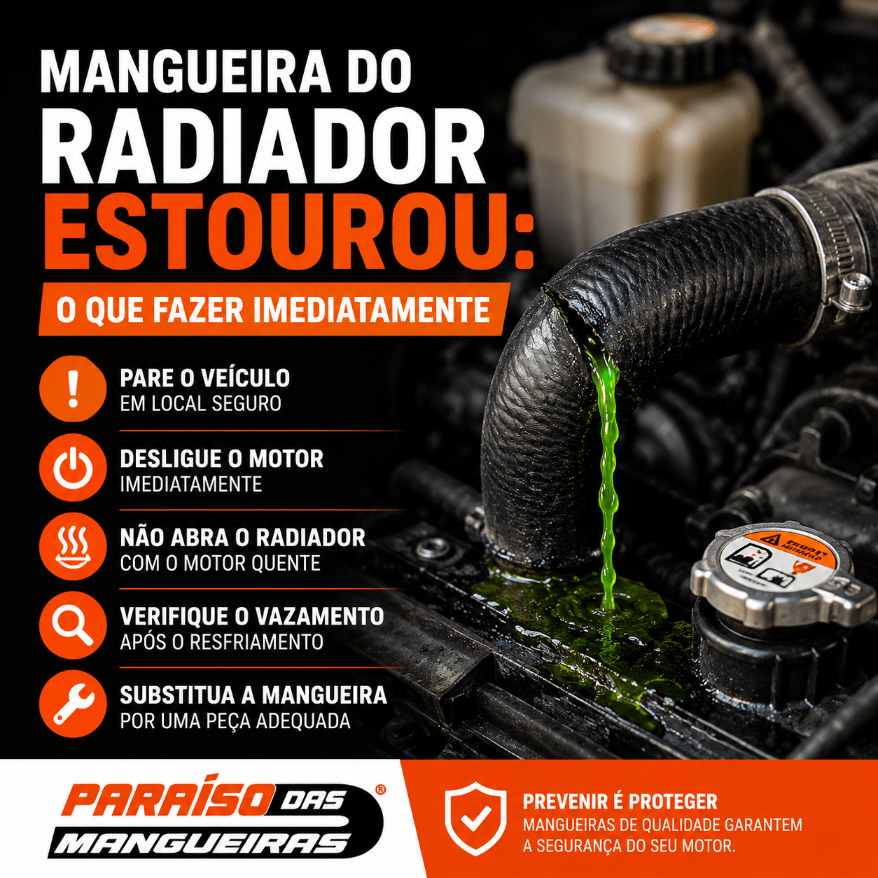 Mangueira do radiador estourada com vazamento verde no motor e instruções de emergência na imagem